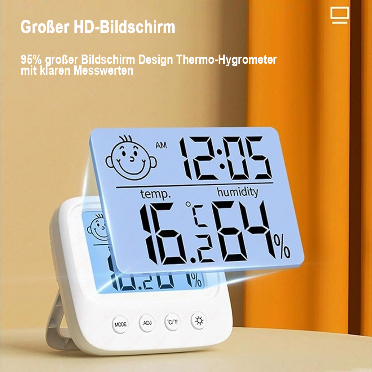 Zwei weiße Digitalthermometer zeigen Zeit, Temperatur und Luftfeuchtigkeit an. Eines ist geneigt und zeigt ein Cartoon-Gesicht. Oben steht Text: 'Großer HD-Bildschirm'.