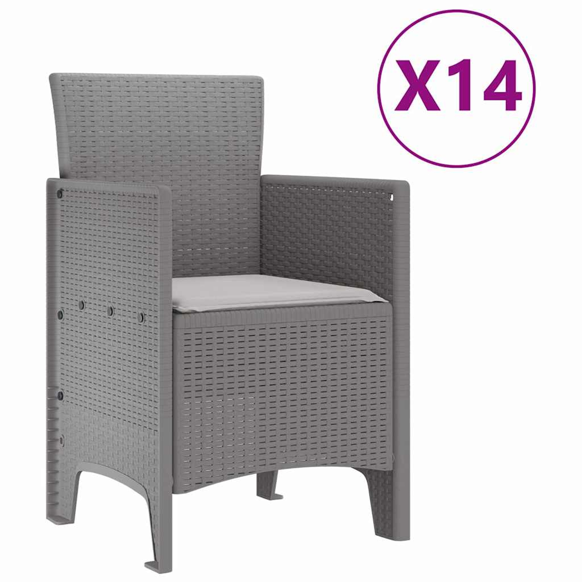 Ein grauer Stuhl im Korbstil mit einem weißen Kissen wird gezeigt. Darüber befindet sich ein violetter Kreis mit dem Text "X14".