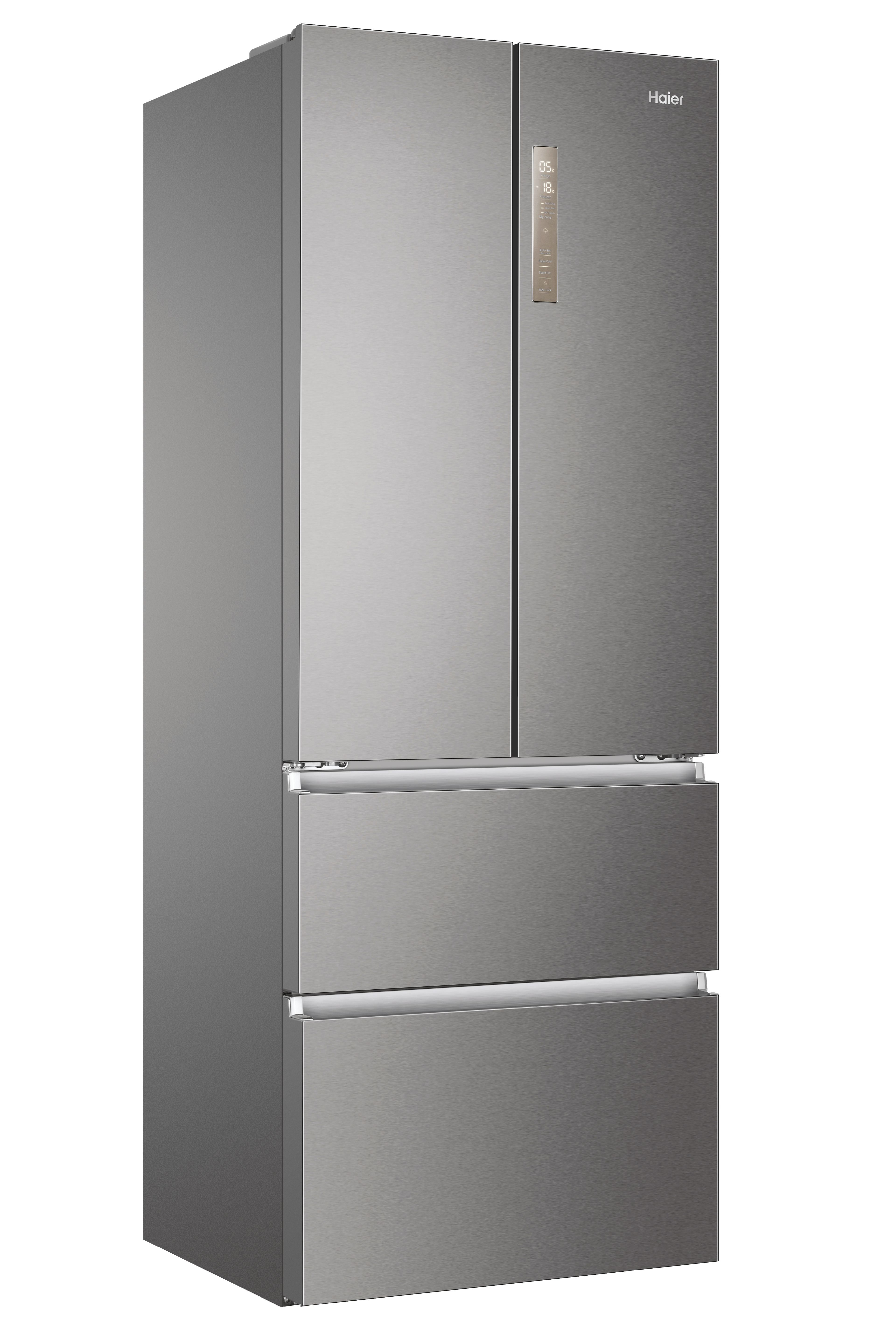Un frigorifero Haier argentato con tre porte e due cassetti. È su sfondo bianco. Il display mostra le temperature.