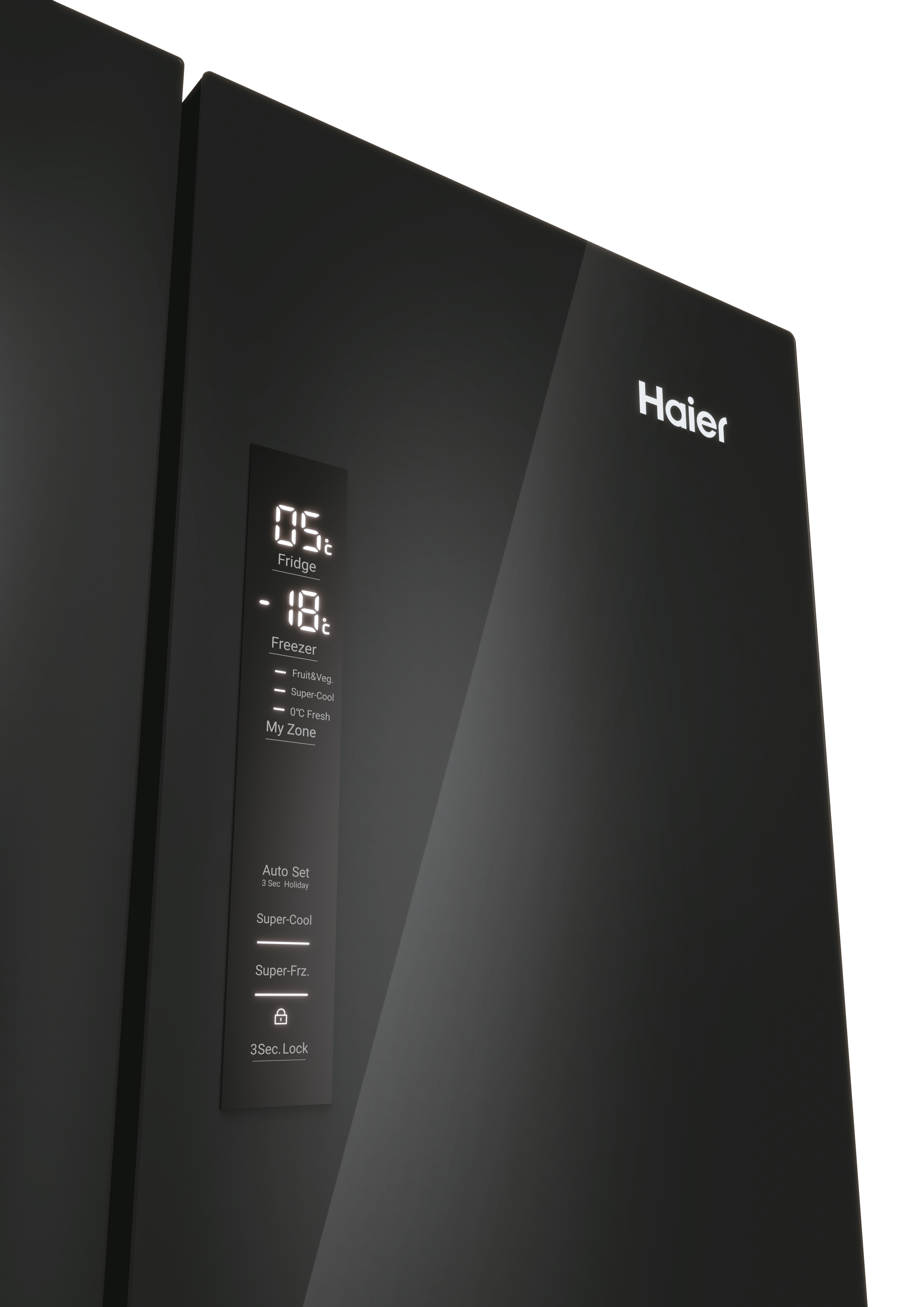 Ein schwarzer Haier-Kühlschrank. Das Display zeigt Kühl- und Gefriertemperaturen. Funktionen umfassen Super-Cool, Super-Frz und Schloss.