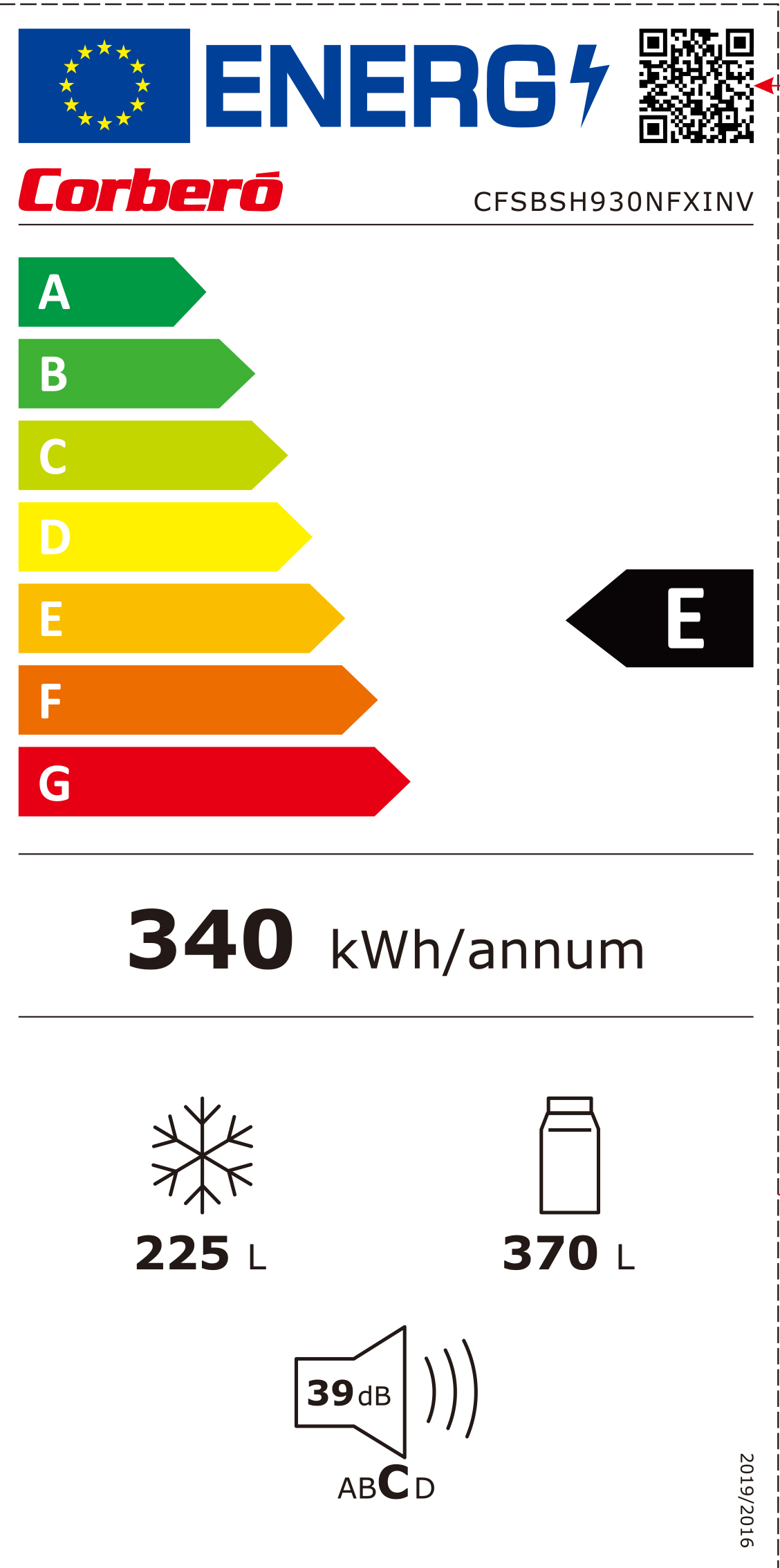 Etiqueta energética de un frigorífico. Muestra la clase E, 340 kWh/año, congelador 225L, frigorífico 370L, ruido 39dB.
