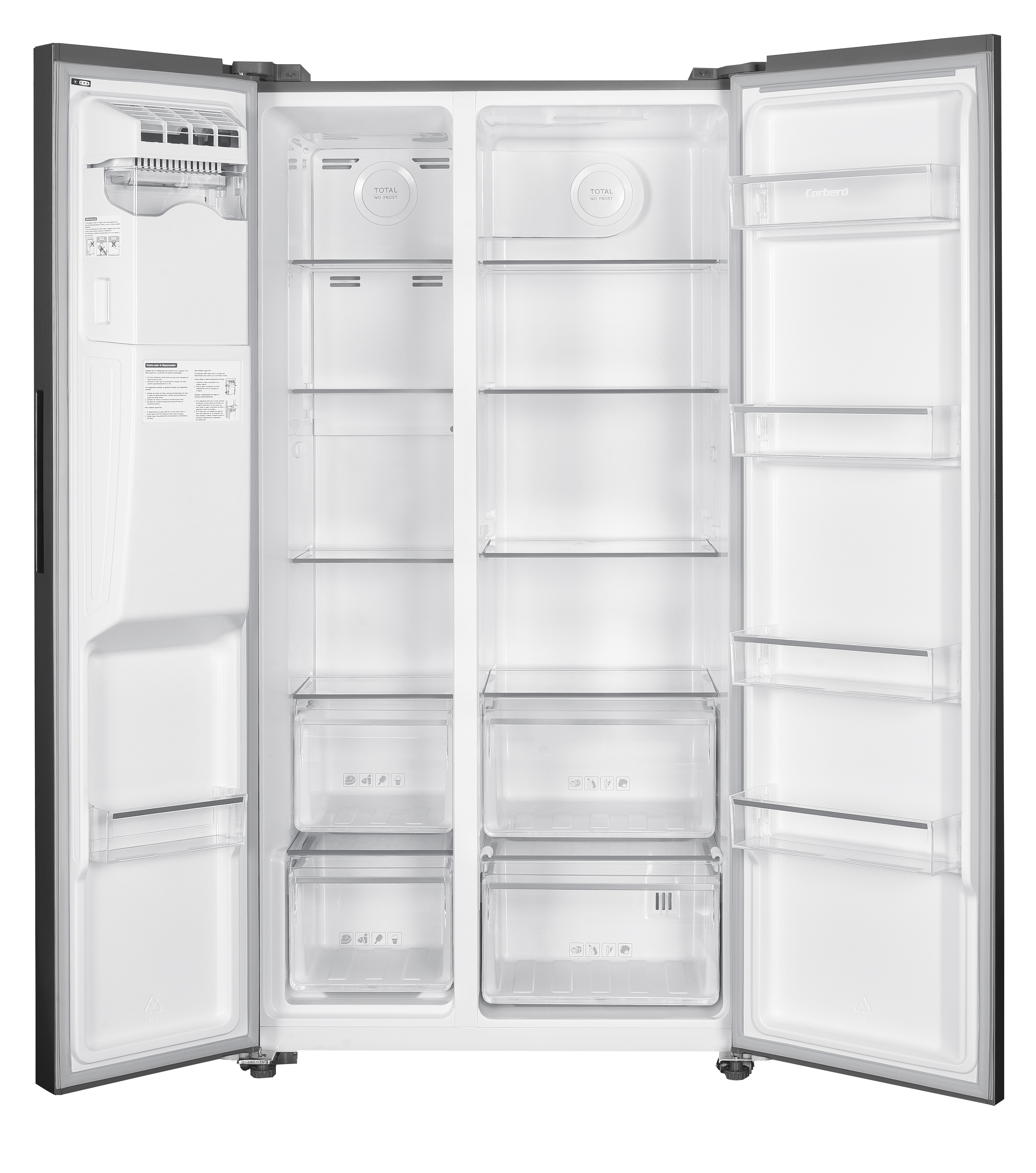 Un frigorífico gris vacío y abierto. Tiene varios estantes, cajones y compartimentos. Las puertas están abiertas.