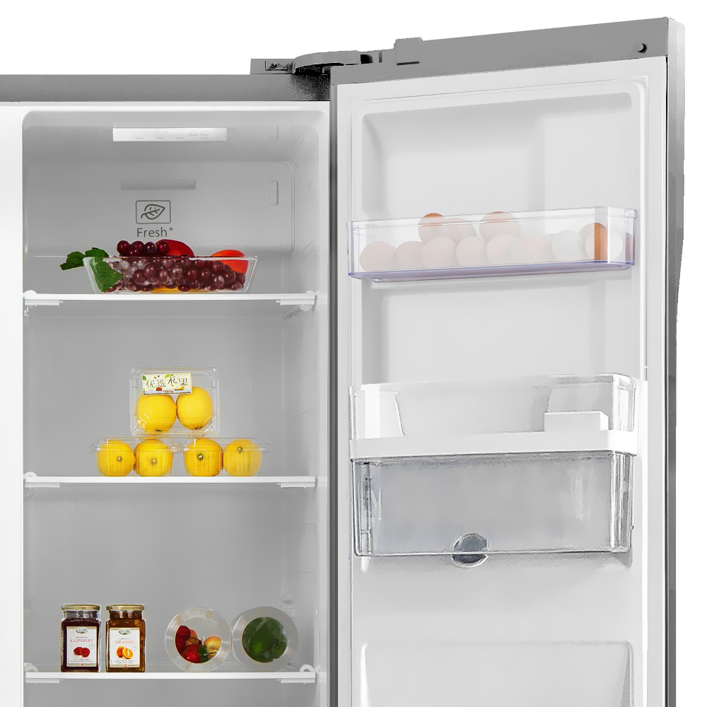 Un refrigerador abierto con estantes. Se ven frutas, huevos y frascos de mermelada. El interior está bien iluminado y organizado.