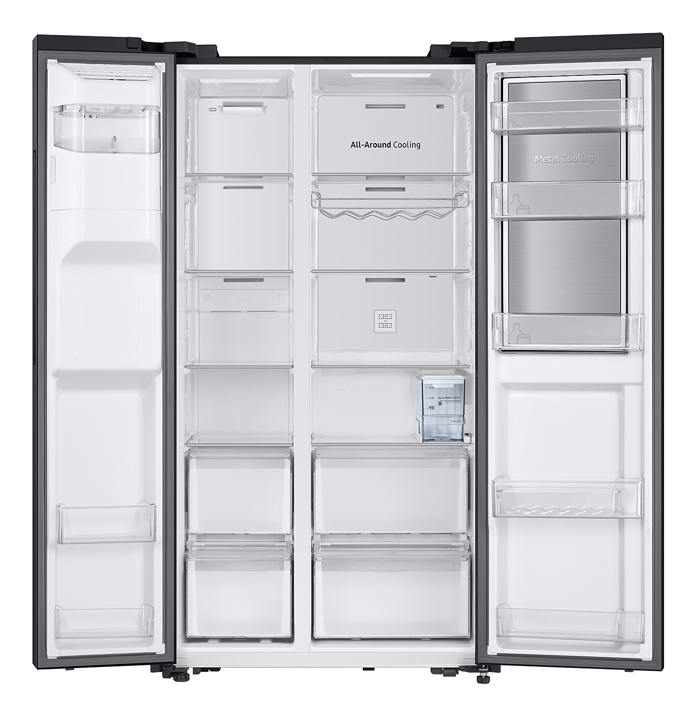 Offener Doppeltür-Kühlschrank. Innenraum zeigt Regale, Schubladen und Fächer. Markiert mit 'All-Around Cooling' und 'Metal Cooling'.
