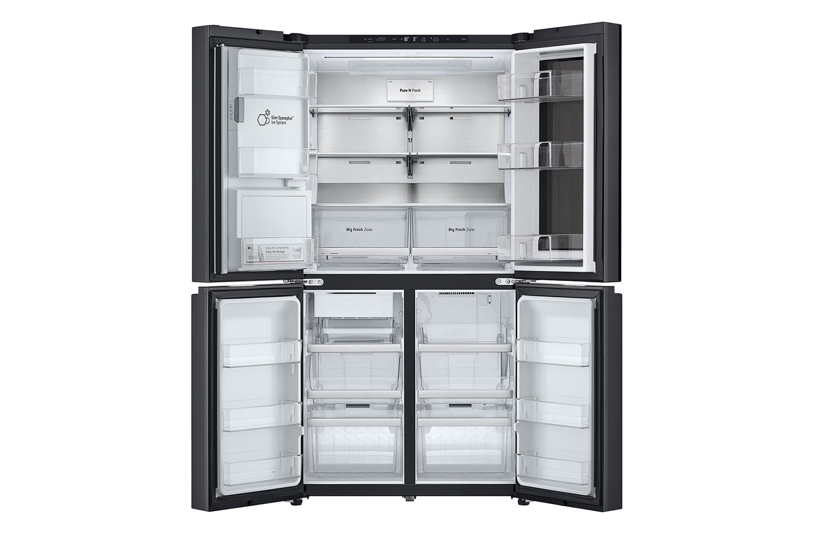 Ein schwarzer Kühlschrank mit offenen Türen, der Regale, Schubladen und die Innenfächer zeigt. Die Türen sind geöffnet und zeigen die Aufbewahrung.