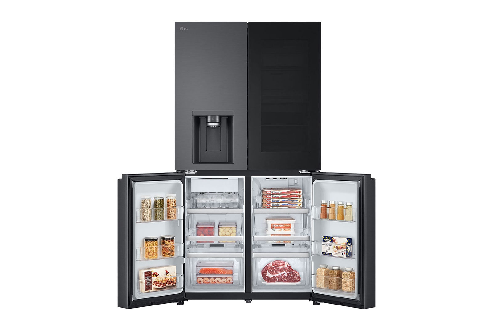 Schwarzer LG-Kühlschrank mit geöffneten Türen. Im Inneren sind verschiedene Lebensmittel zu sehen.