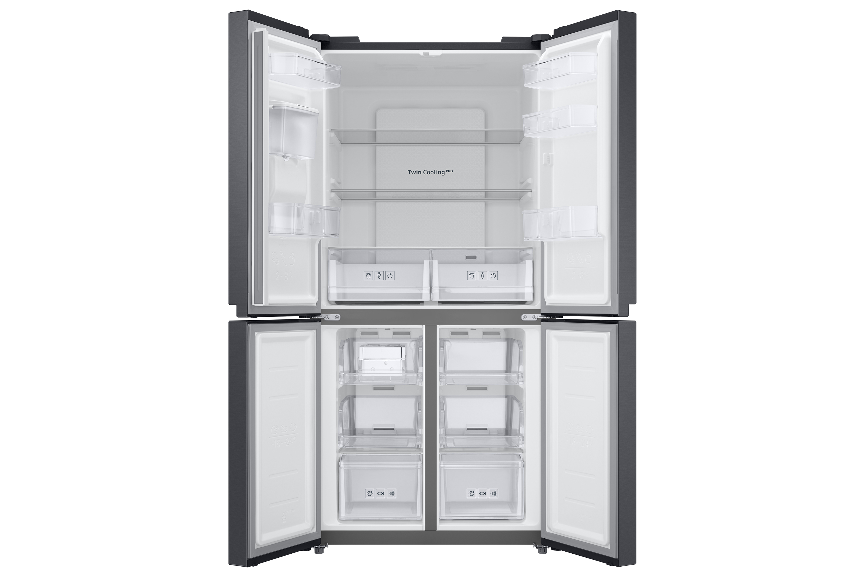 Un frigorifero moderno e aperto con ante grigio scuro. All'interno, sono visibili ripiani e cassetti, con il logo 'Twin Cooling'.