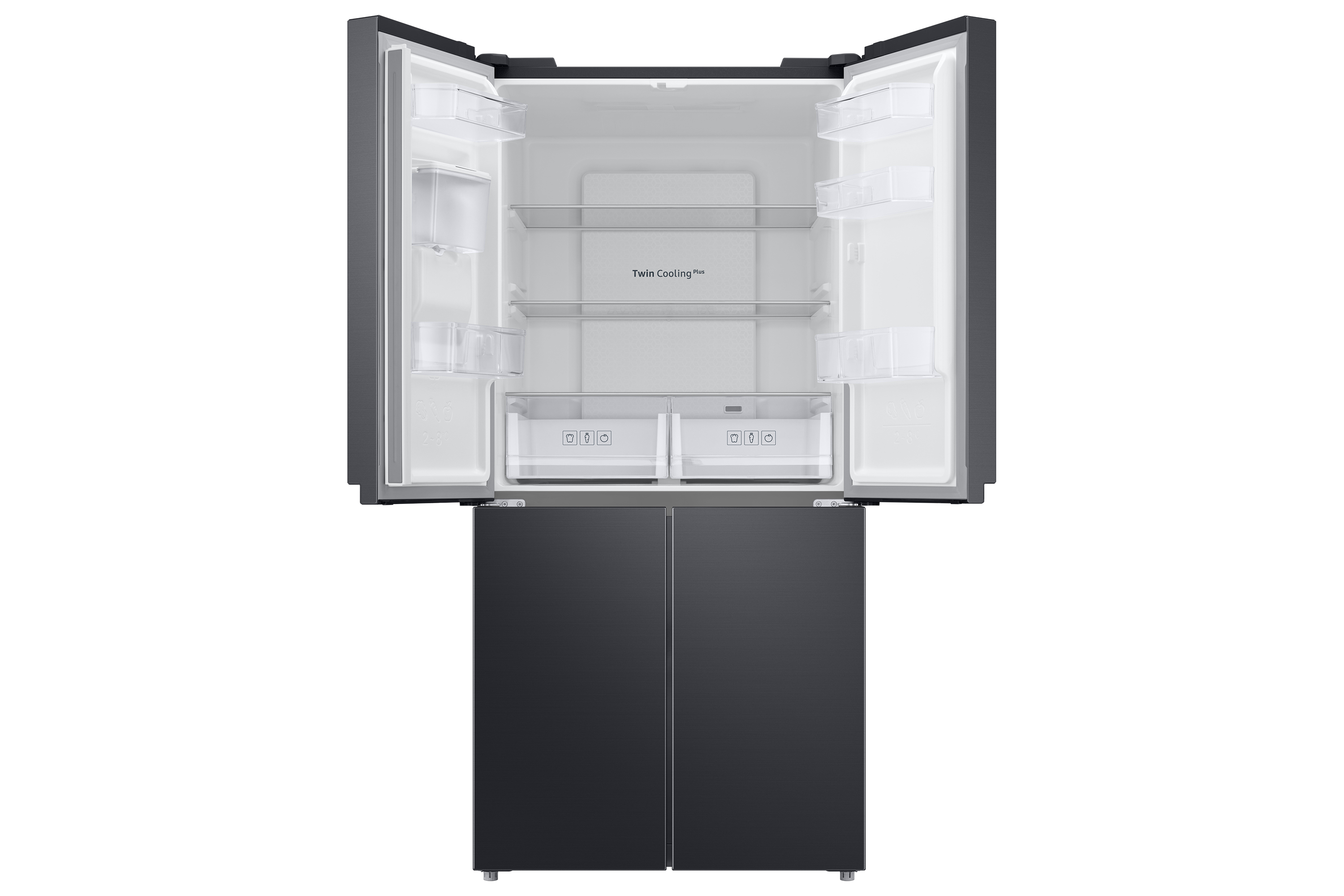 Un frigorifero Samsung grigio scuro con porte aperte, che mostra ripiani e cassetti. Le porte sono nere. Sfondo bianco.