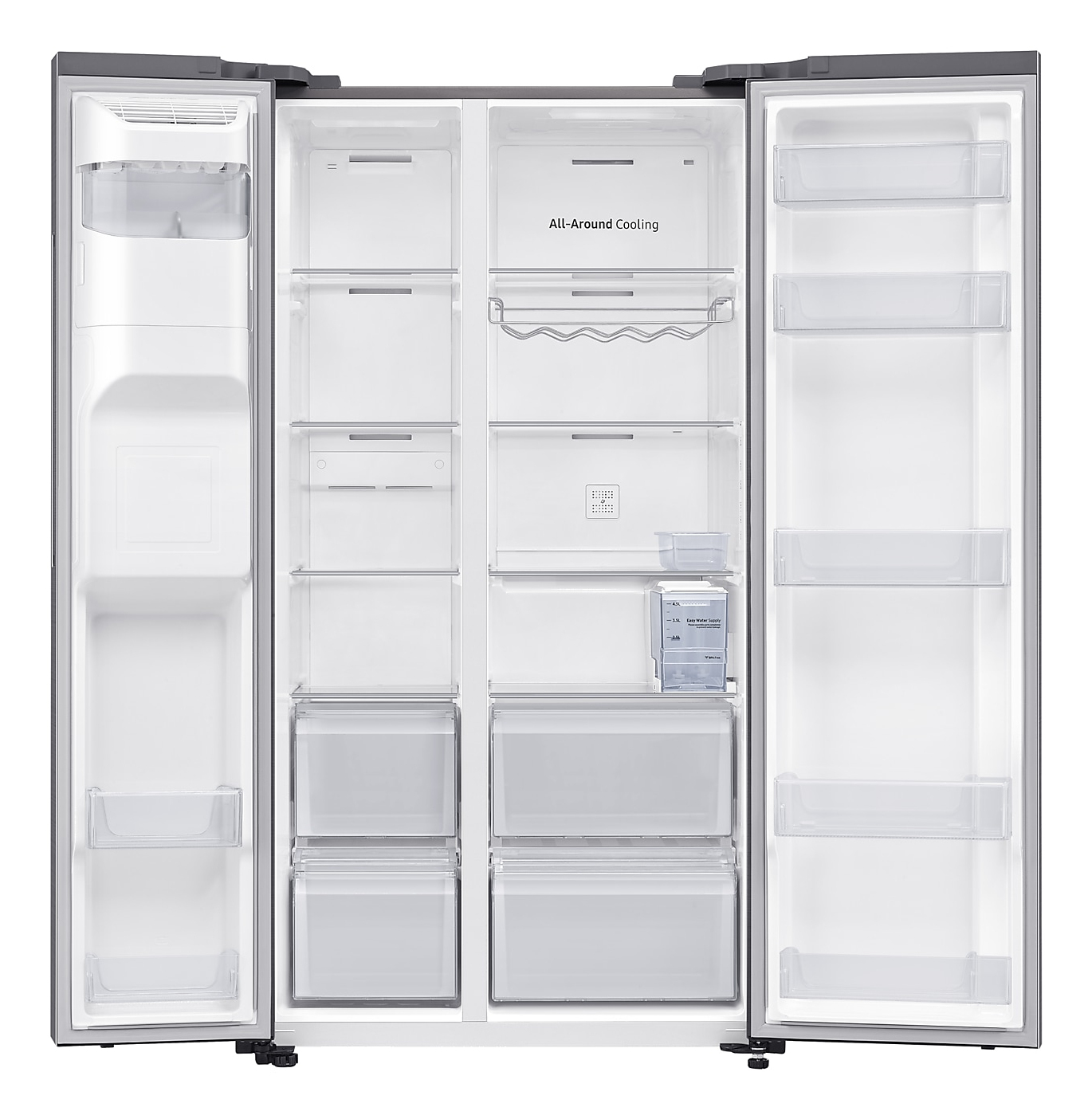Ein offener, leerer Kühlschrank mit drei Abschnitten. Die Tür links ist geöffnet und zeigt Regale. Der mittlere Abschnitt hat Regale und Schubladen.