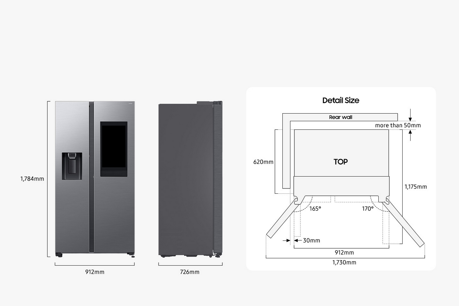 Een grijze Samsung koelkast, met zij-, voor- en afmetingsdetails. Inclusief een waterdispenser en een digitaal display.