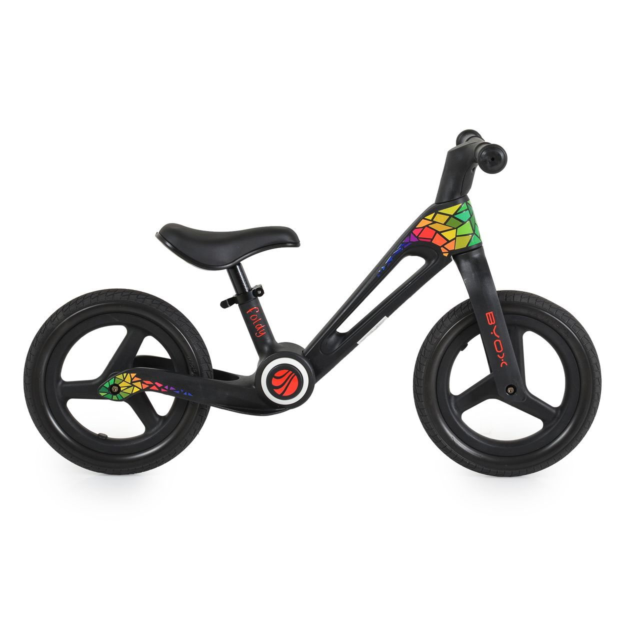 Ein schwarzes Laufrad mit bunten geometrischen Mustern auf dem Rahmen. Das Fahrrad hat schwarze Räder, einen schwarzen Sitz und den Markennamen 'Foldy'.