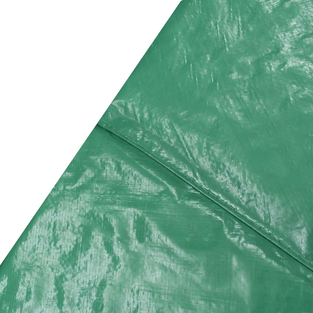 Telone verde con cucitura diagonale. Sfondo bianco a sinistra. Tessuto lucido visibile.
