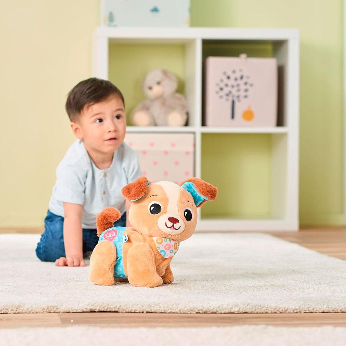 Un niño pequeño se arrodilla cerca de un juguete de peluche de perro en una alfombra. Un estante con cajas y un osito de peluche está en el fondo.