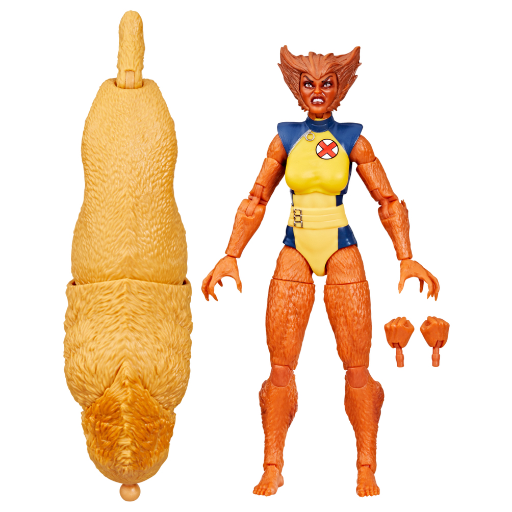 Actionfigur einer weiblichen Figur mit orangefarbenem Fell, gelbem und blauem Outfit und einem großen, orangefarbenen Schwanz. Zusätzliche Hände sind enthalten.