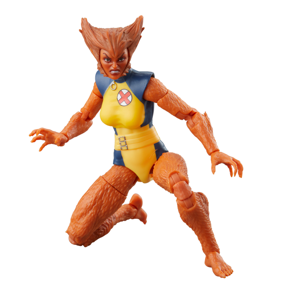 Actionfigur einer Frau mit orangefarbenem Fell und Haaren, die einen gelben Anzug mit blauen Akzenten und einem X-Symbol trägt.