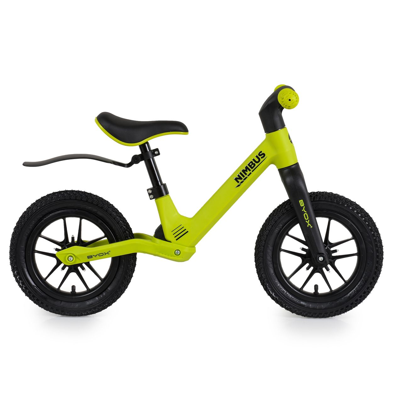 Ein limettengrünes und schwarzes Laufrad mit schwarzen Rädern und Reifen. Das Fahrrad hat einen schwarzen Sitz und Lenker.