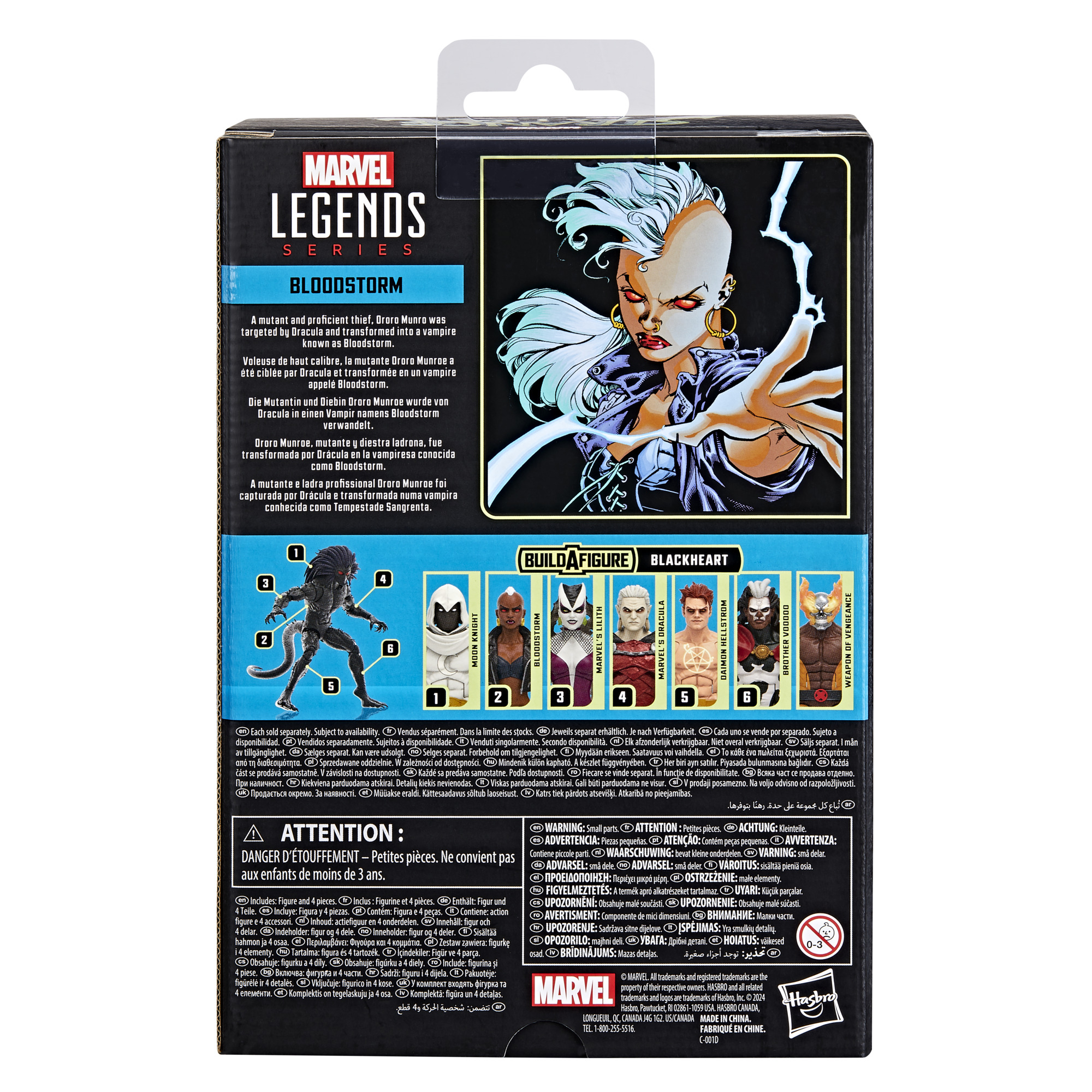 Eine Marvel Legends-Box mit Bloodstorm. Die Box zeigt die Figur und eine Liste anderer Figuren.