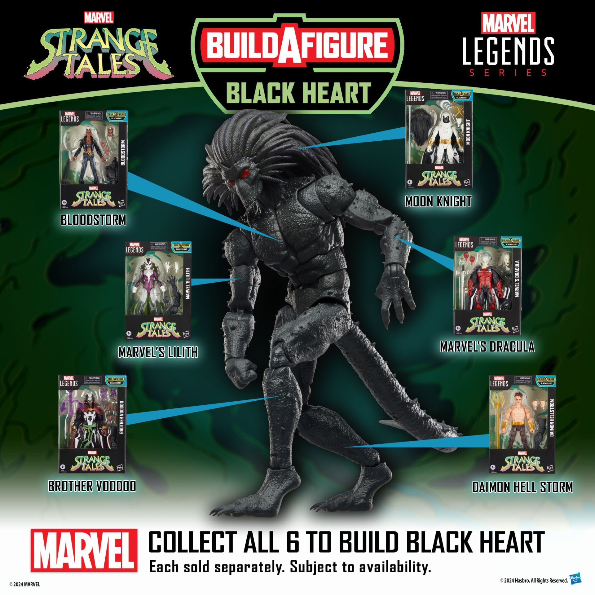 Marvel Legends Figuren mit Charakteren wie Bloodstorm, Moon Knight, Marvel's Lilith, Dracula, Brother Voodoo und Daimon Hellstorm.