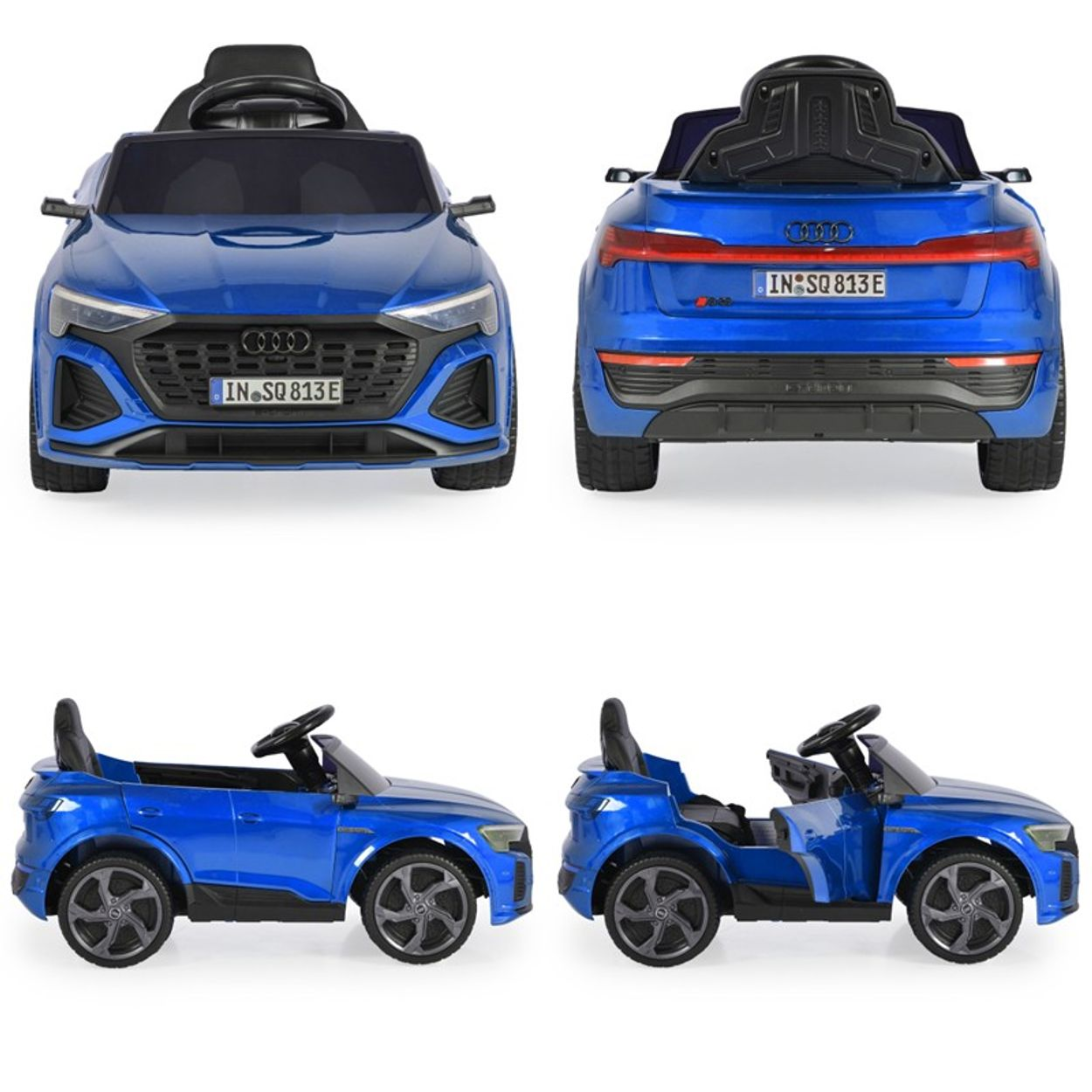 Ein blaues Spielzeug-Audi-Auto wird aus verschiedenen Blickwinkeln gezeigt. Es hat eine schwarze Innenausstattung, ein Lenkrad und ein Kennzeichen mit der Aufschrift IN SQ 813E.