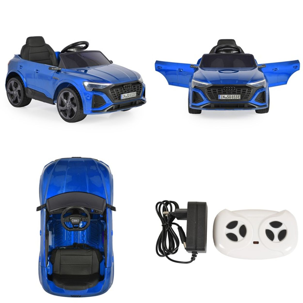Blaues Spielzeugauto mit offenen Türen, Ladegerät und Fernbedienung. Verschiedene Blickwinkel des Autos.