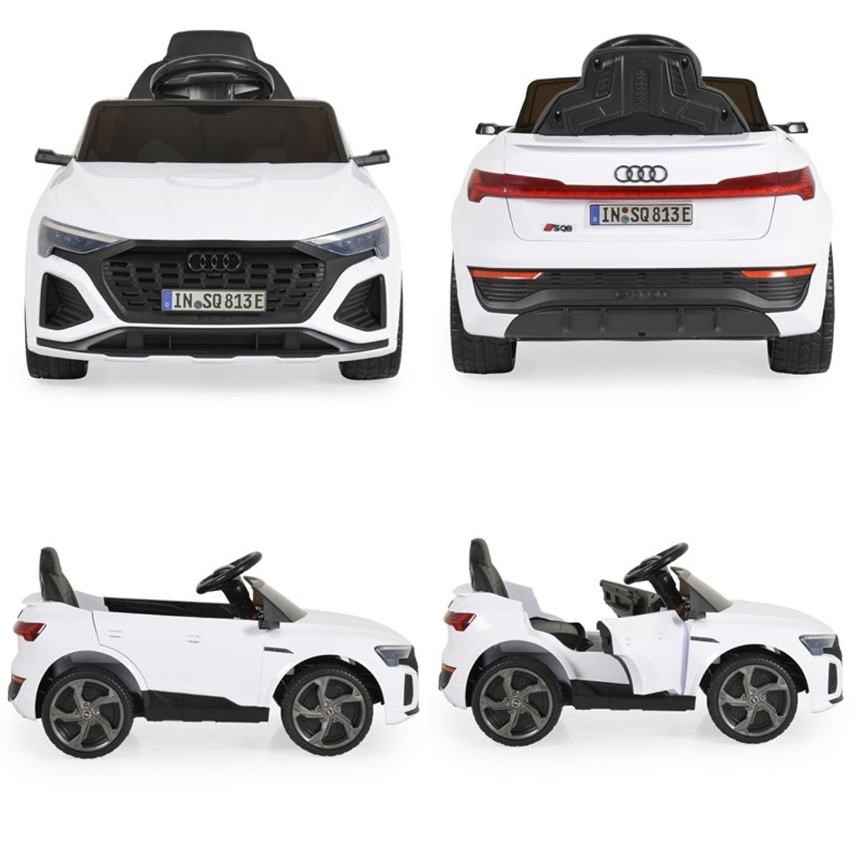 Vier Ansichten eines weißen Spielzeugautos. Vorder-, Rück- und Seitenansichten. Merkmale sind schwarze Sitze, Lenkrad und Nummernschild.