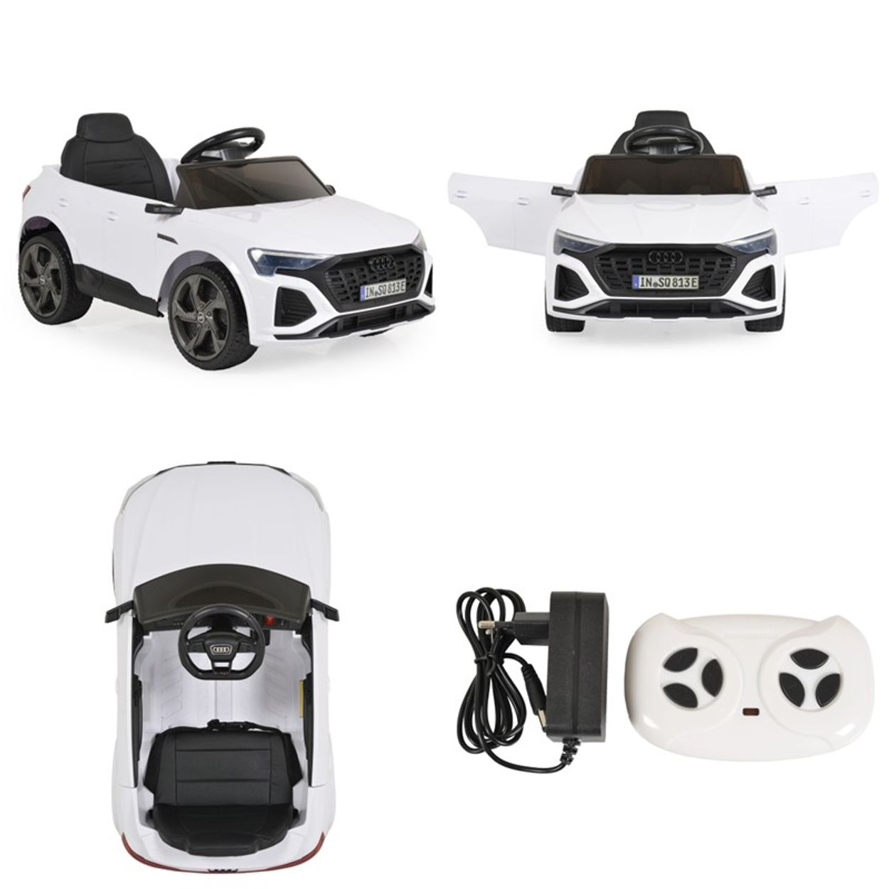 Ein weißes Spielzeugauto mit schwarzen Sitzen und Rädern. Das Auto hat offene Türen. Außerdem befinden sich ein Ladegerät und eine Fernbedienung im Bild.