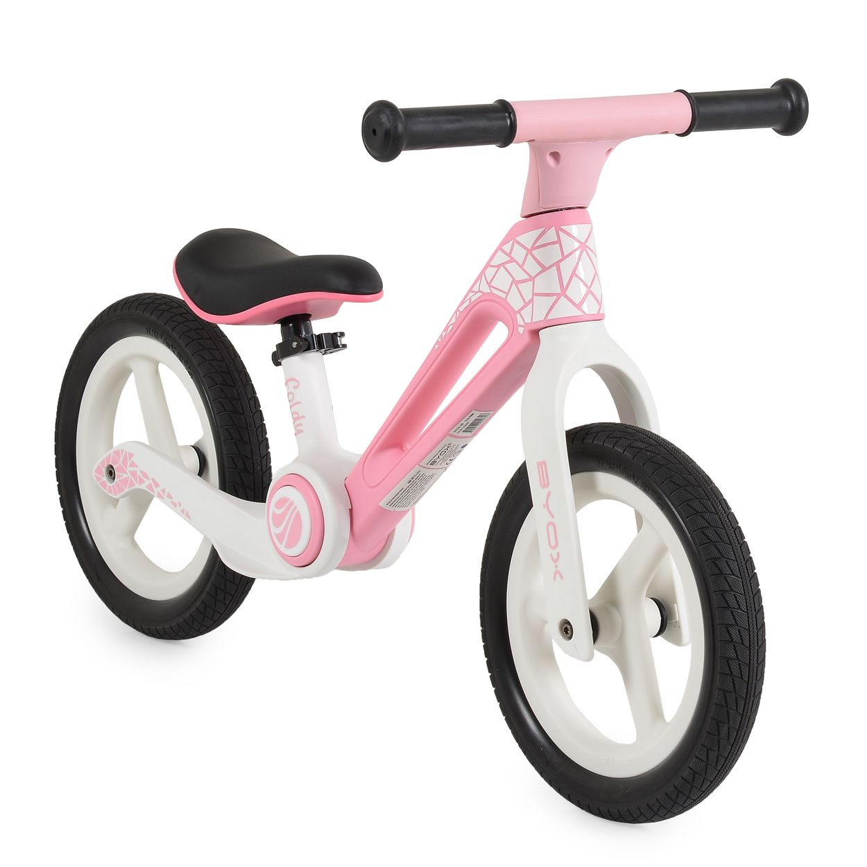 Ein rosa-weißes Laufrad für Kinder. Es hat einen schwarzen Lenker, einen schwarzen Sitz und weiße Räder mit schwarzen Reifen.