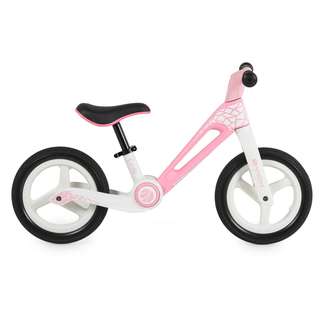 Ein rosa-weißes Laufrad mit schwarzen Reifen und einem schwarzen Sitz. Das Fahrrad steht auf weißem Hintergrund, die Marke ist 'Foldy'.