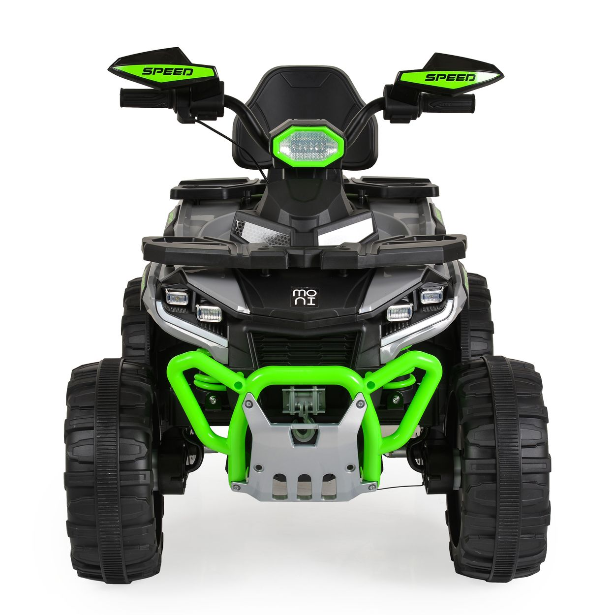 Ein grau-schwarzes Elektro-ATV mit grünen Akzenten. Es hat vier große schwarze Reifen, eine grüne Frontstoßstange und 'SPEED'-markierte Spiegel.