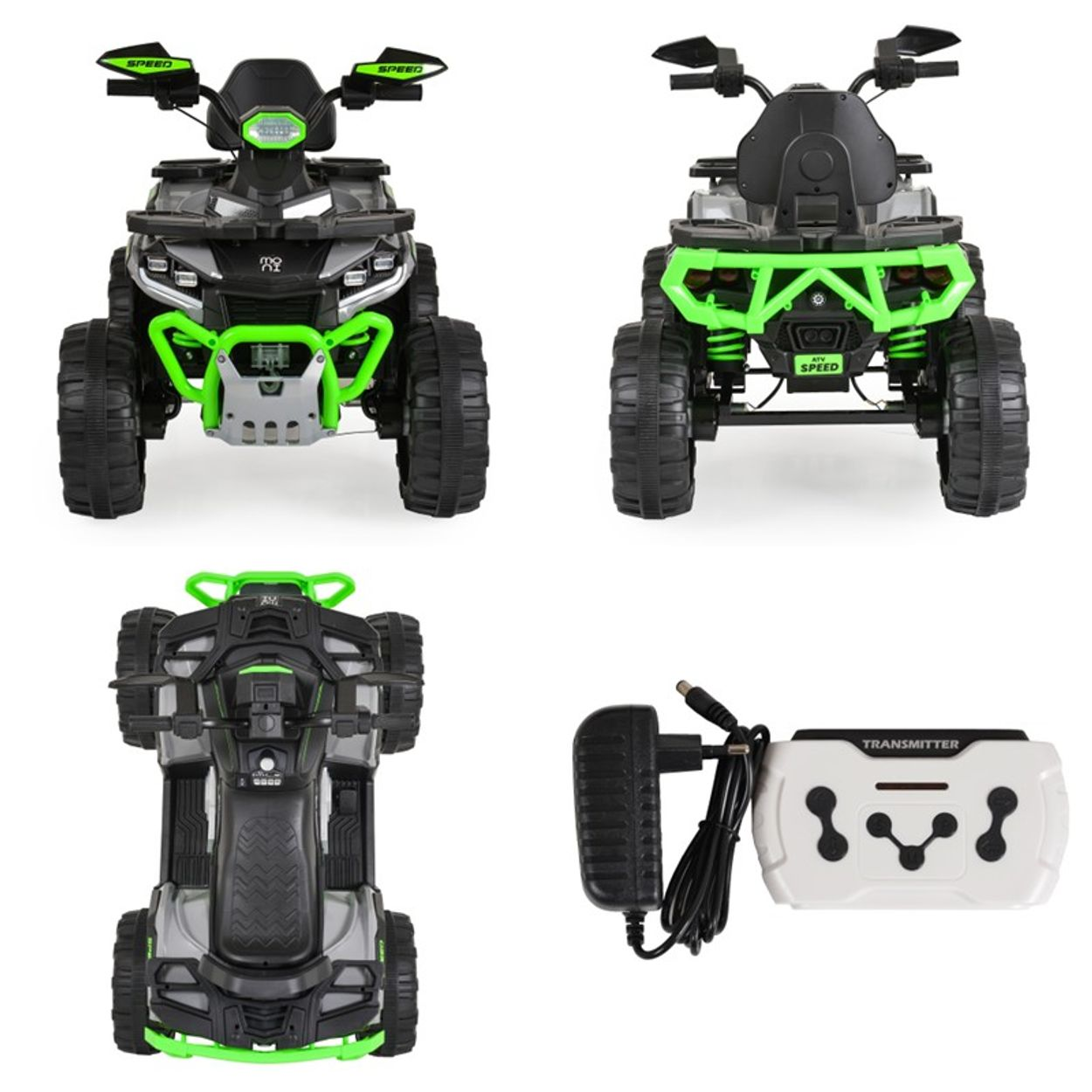 Vier Bilder, die ein Kinder-ATV aus verschiedenen Blickwinkeln zeigen, darunter vorne, hinten, oben und eine Fernbedienung mit Ladegerät.