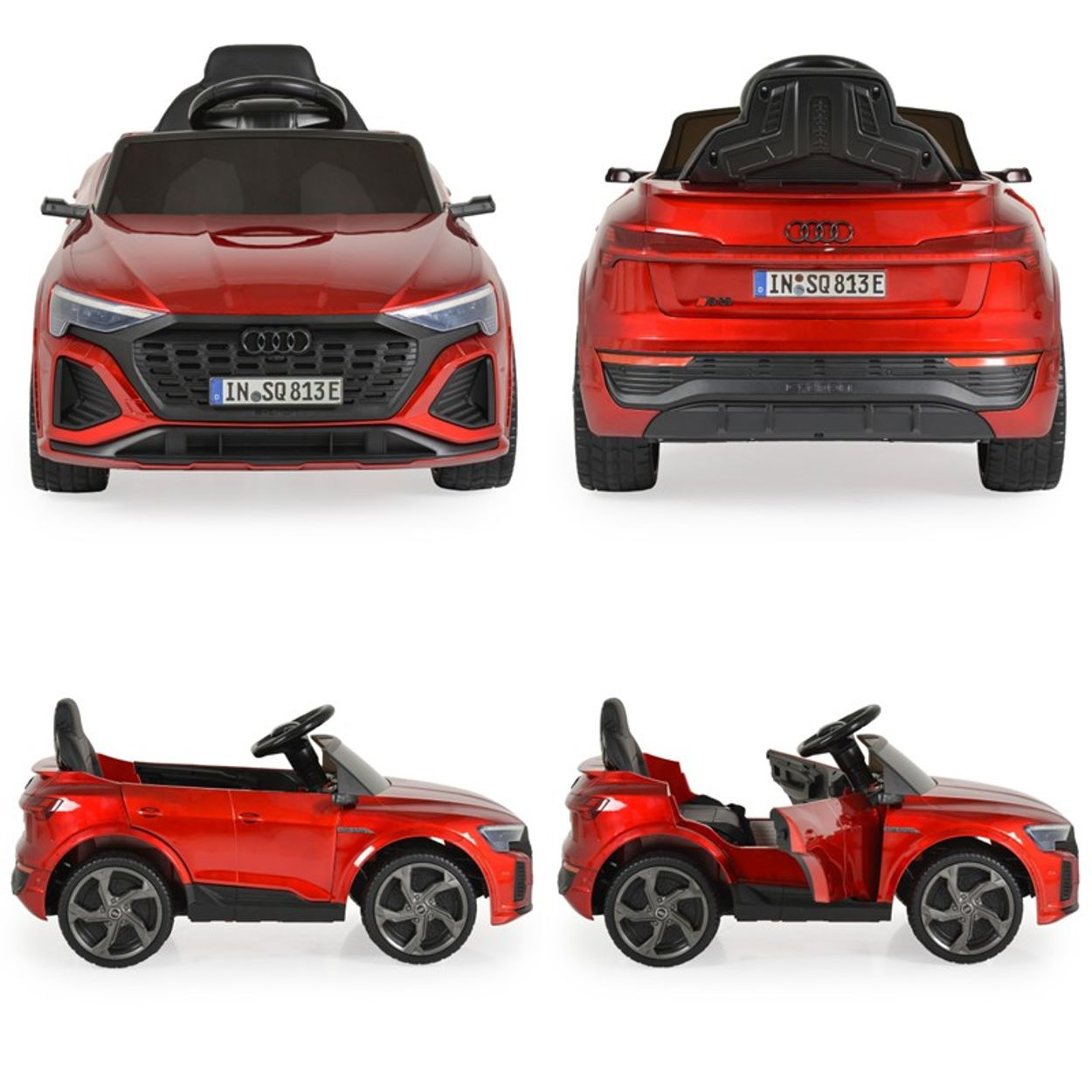 Vier Ansichten eines roten Spielzeugautos, Vorder-, Rück- und Seitenansichten. Es hat einen schwarzen Sitz, ein Lenkrad und ein Nummernschild.