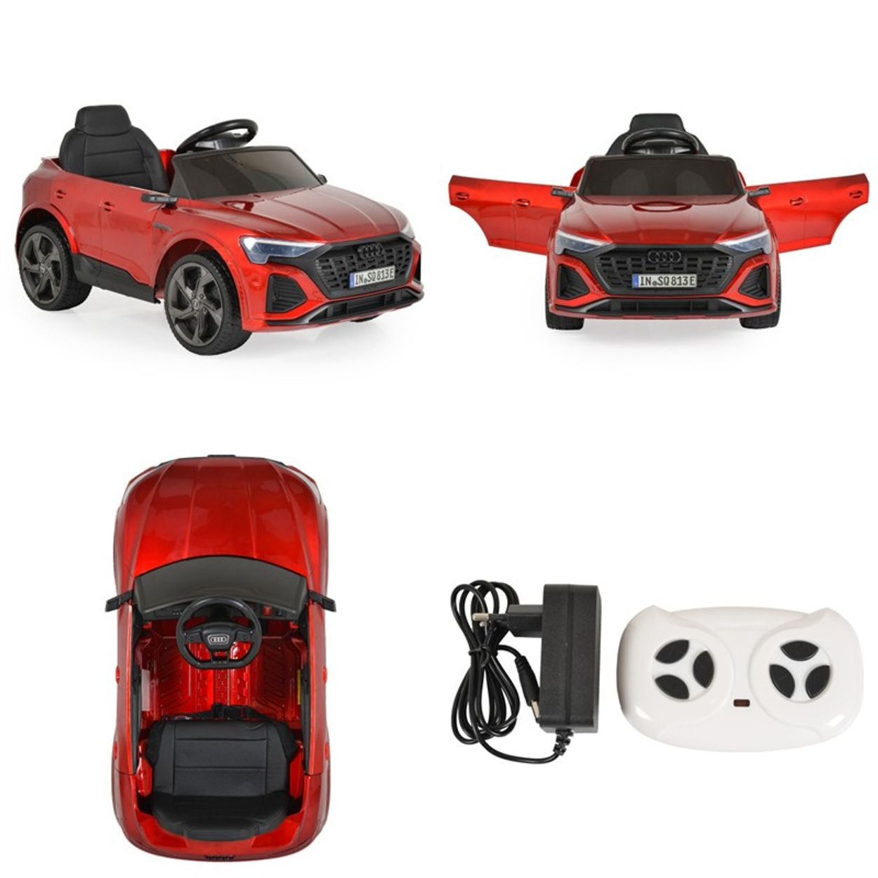 Ein rotes Audi-Kinderauto wird aus verschiedenen Blickwinkeln gezeigt. Enthält Ladegerät, Fernbedienung und Draufsicht. Türen in einer Ansicht geöffnet.