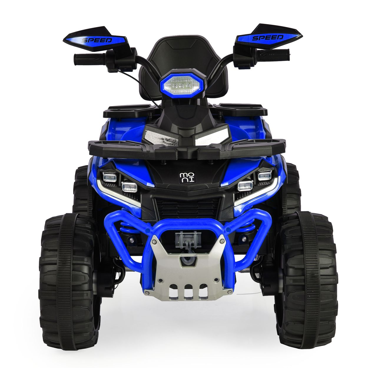 Ein blau-schwarzes Spielzeug-ATV mit großen Reifen. Es hat eine Frontstoßstange, Scheinwerfer und das Wort "SPEED" auf den Spiegeln.