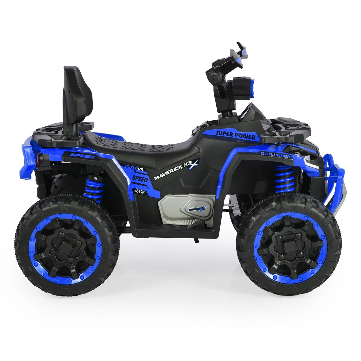 Ein blaues und schwarzes Maverick X3 ATV-Spielzeug. Es hat große Räder, einen Sitz und einen Lenker. Der Text 'SUPER POWER' ist sichtbar.
