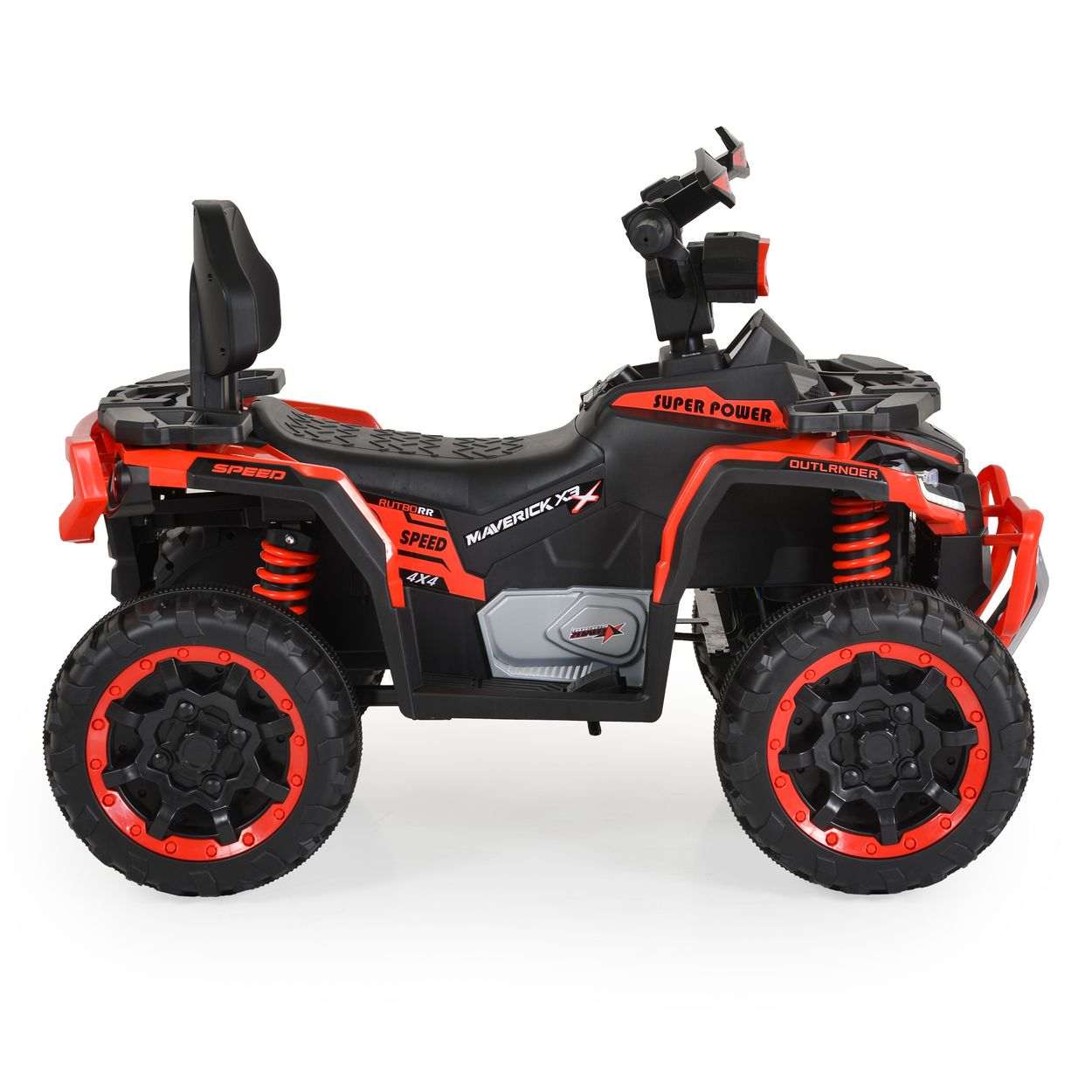 Ein schwarzes und rotes Spielzeug-ATV wird gezeigt. Es hat große Räder mit roten Akzenten. Das ATV ist mit Maverick X3 und Outlander beschriftet.