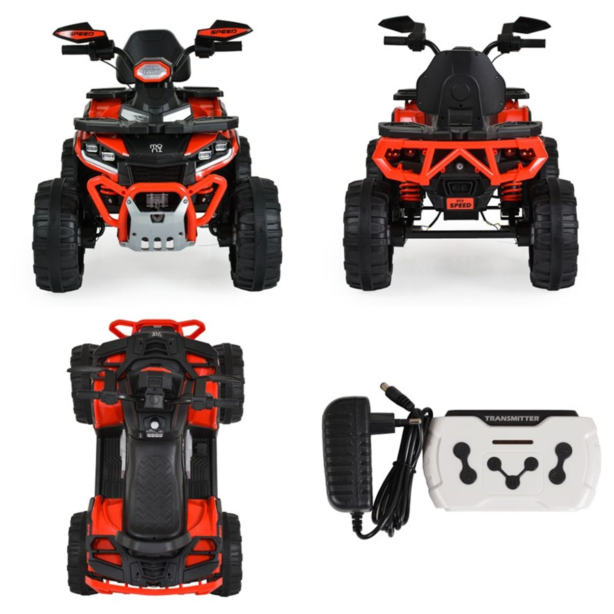 Vier Bilder eines rot-schwarzen Spielzeug-ATVs. Eines zeigt die Vorderseite, ein anderes die Rückseite, ein drittes von oben und das letzte eine Fernbedienung.