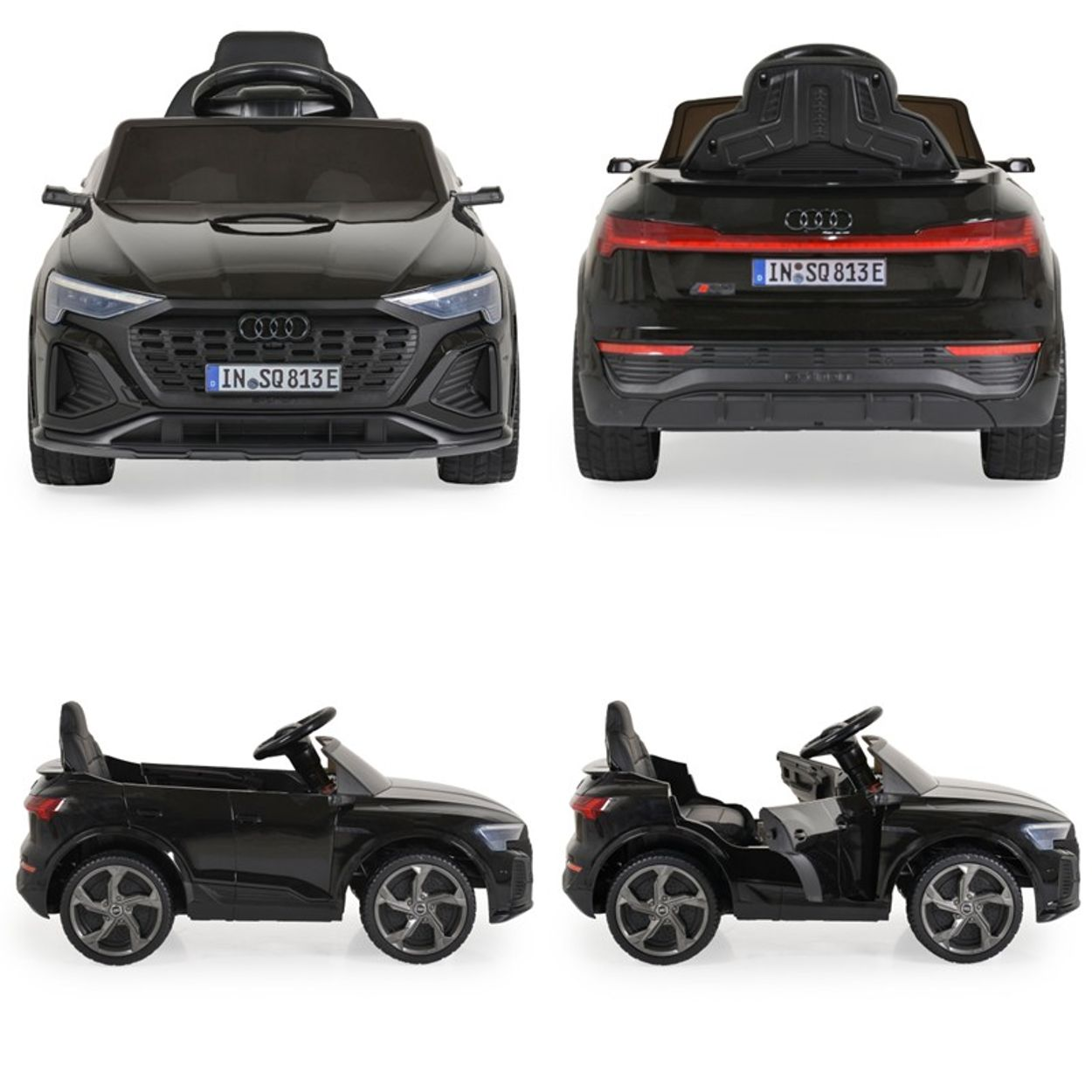 Vier Ansichten eines schwarzen Spielzeugautos mit offenem Verdeck, Kennzeichen SQ 813 E, Vorder-, Rück- und Seitenansicht.