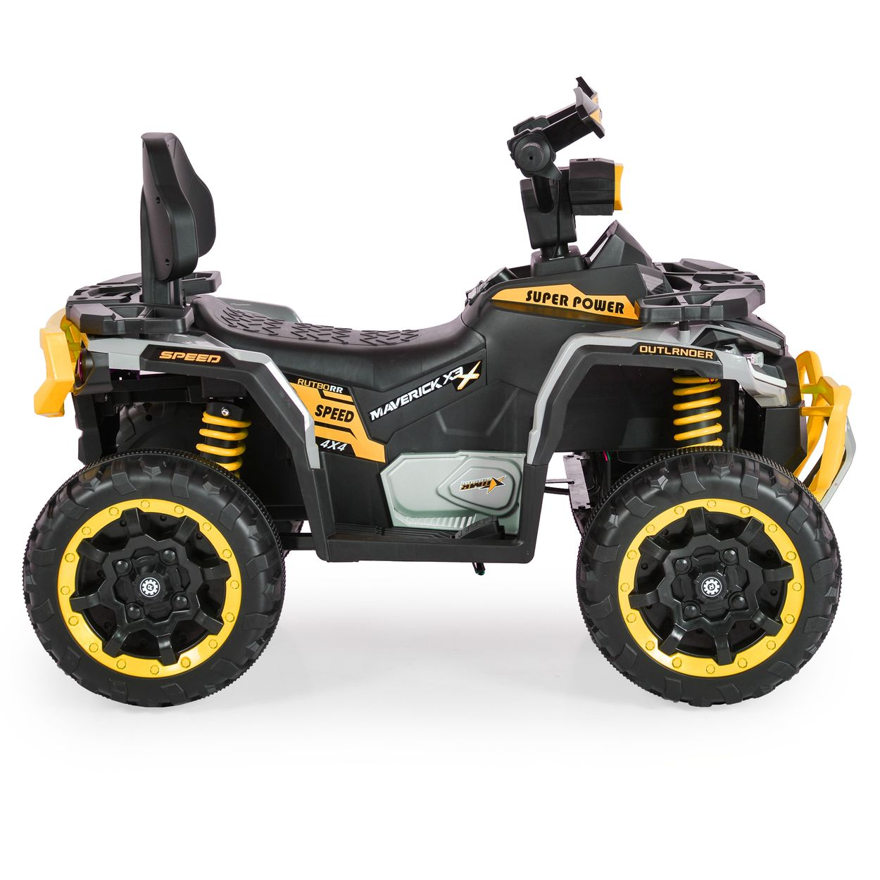 Ein schwarz-gelbes Spielzeug-ATV mit großen Reifen und Rückenlehne, beschriftet mit 'Maverick X3' und 'Outlander'.