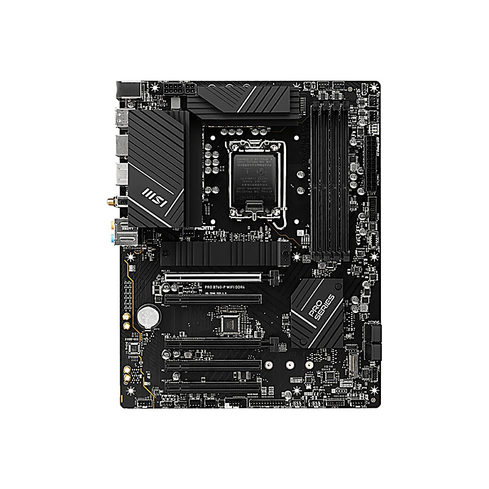 Scheda madre MSI PRO serie nera, componenti visibili. Include slot, porte e socket CPU. Isolato su sfondo bianco.