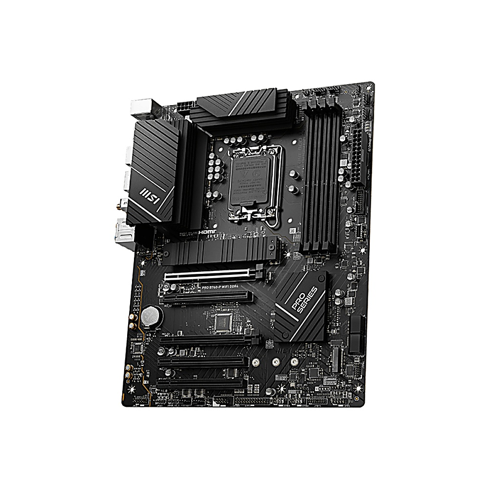 Una scheda madre nera MSI Pro Series con dissipatori di calore, slot RAM e vari connettori, su sfondo bianco.