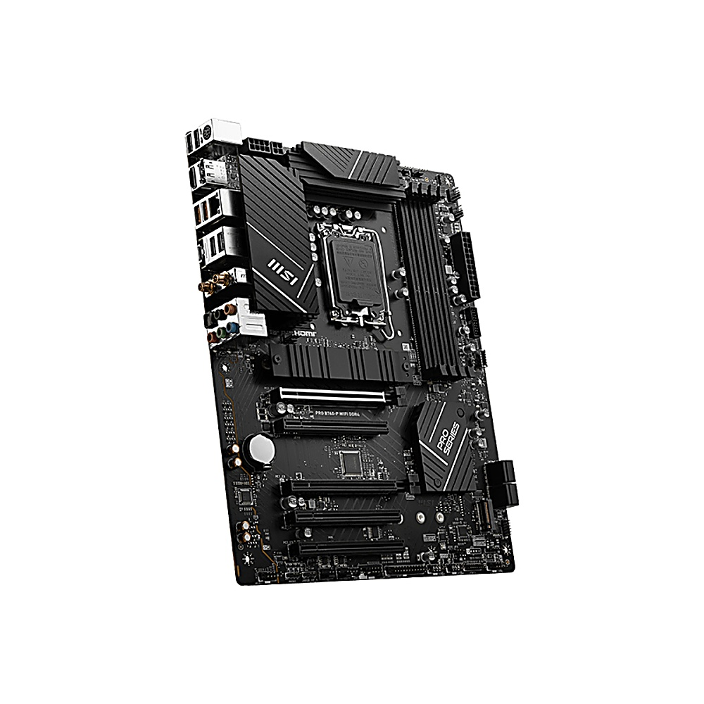 Una scheda madre nera MSI PRO Series, componenti visibili. Include slot, porte e il logo MSI. Sfondo bianco.