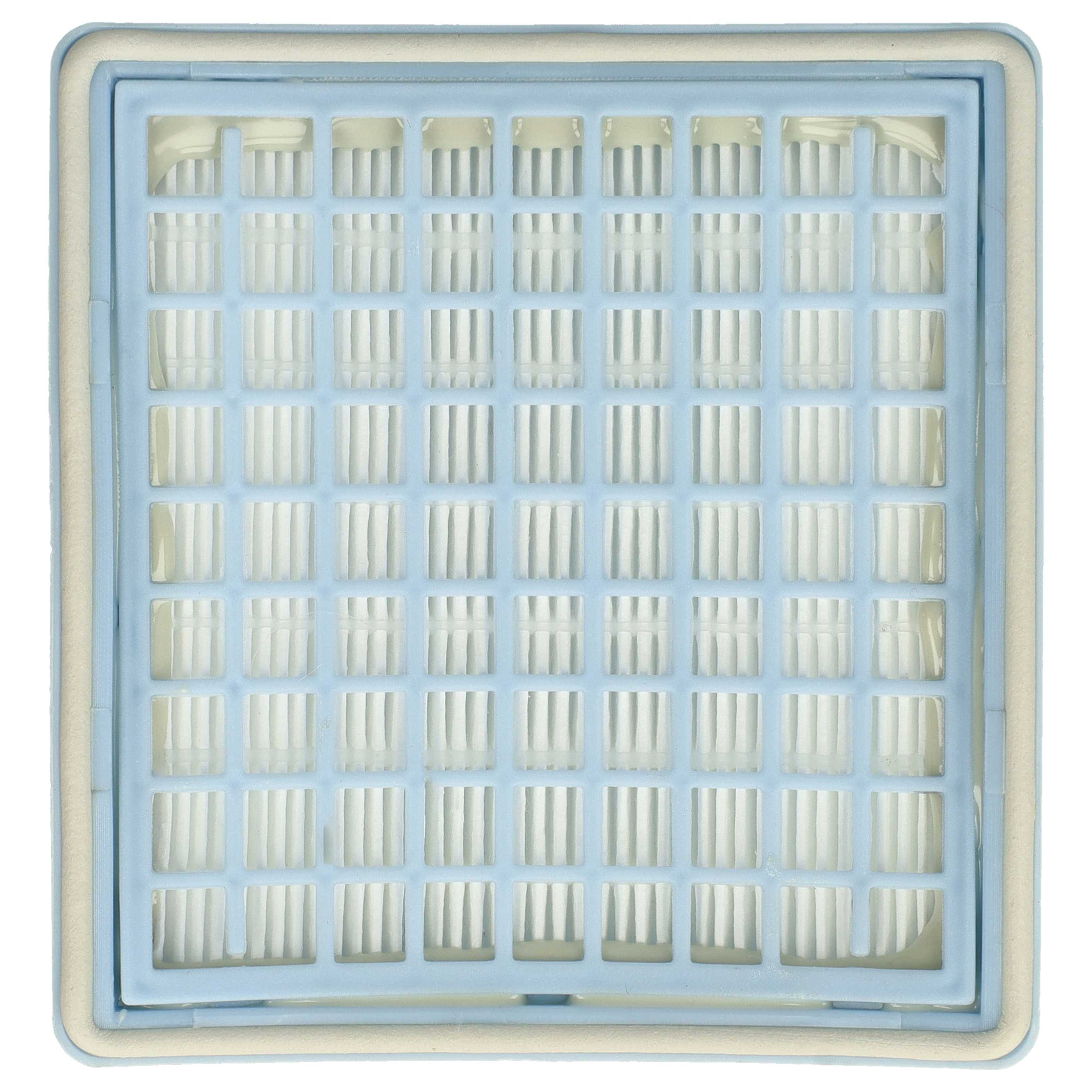 Ein quadratischer Filter mit hellblauem Rahmen und einem Gitter aus weißen, rechteckigen Filtern. Der Rahmen hat einen weißen Schaumstoffrand.