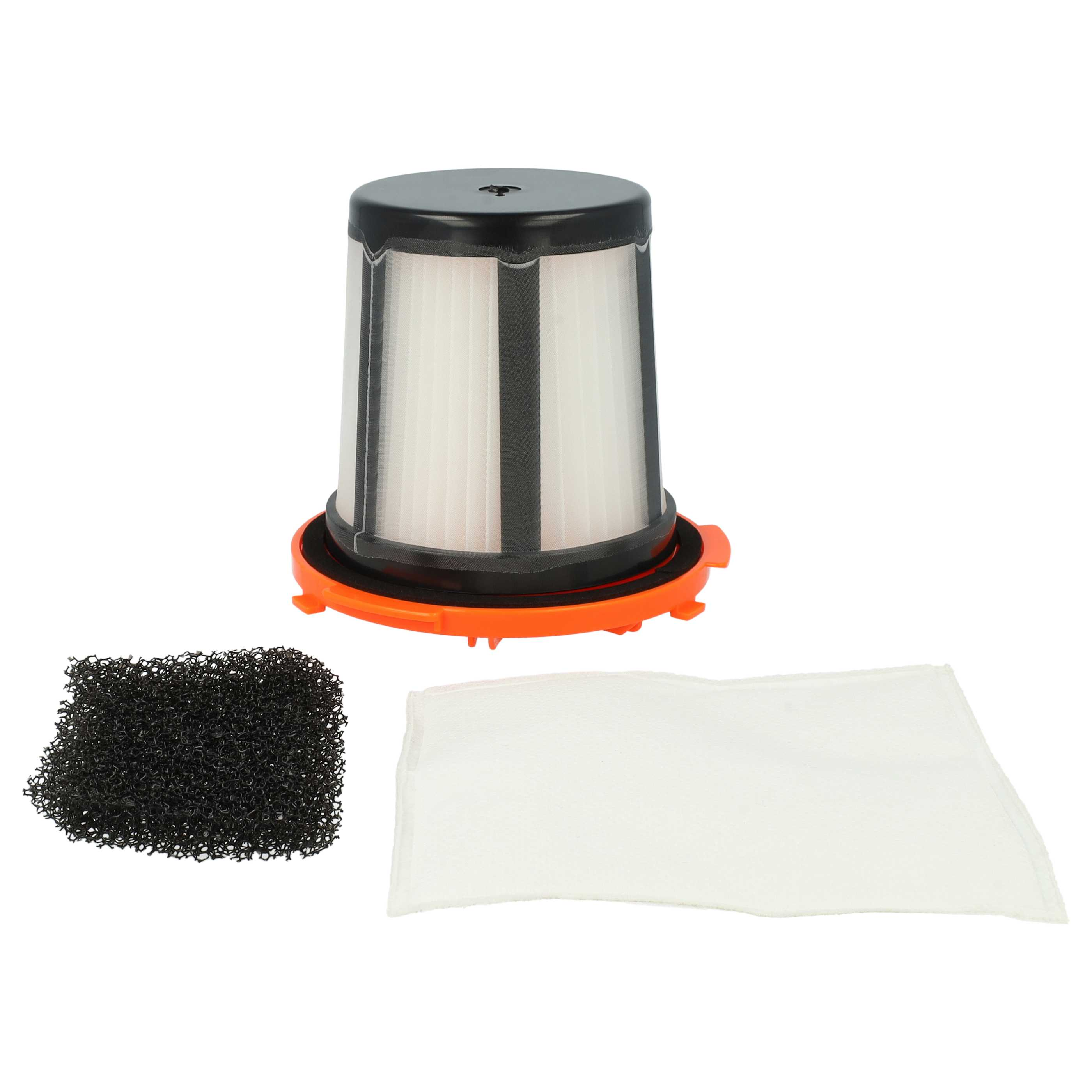 Staubsaugerfilter-Komponenten: Filter, Schaumstoff und Tuch. Orange, Schwarz und Weiß dominieren vor weißem Hintergrund.