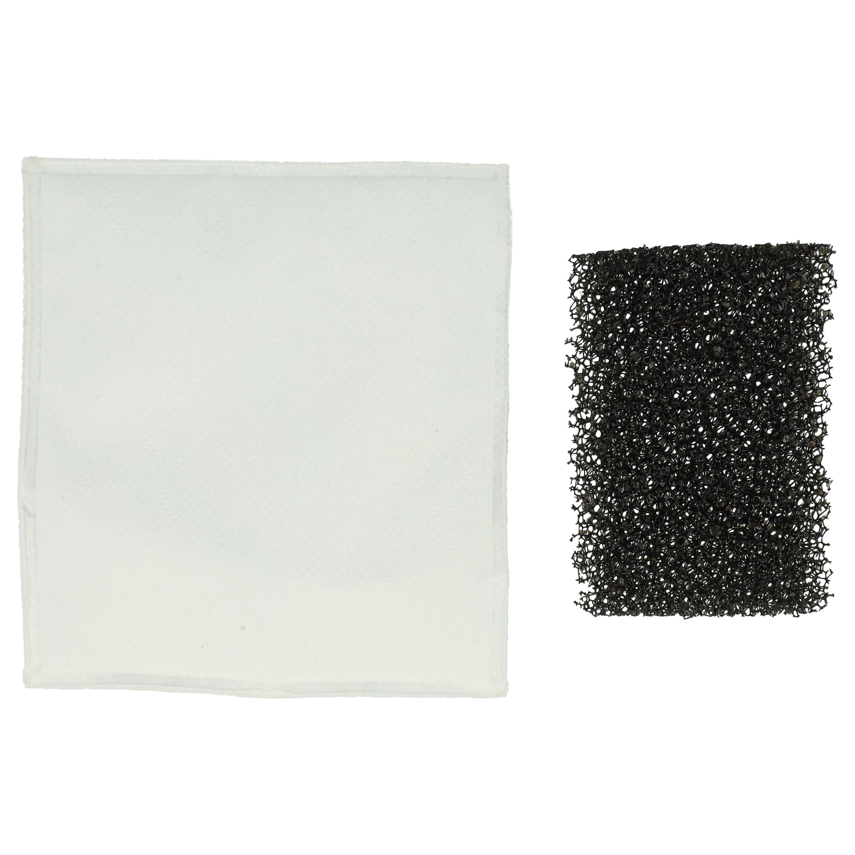 Das Bild zeigt zwei Filterteile. Links ist ein weißer, quadratischer Filter. Rechts ein schwarzer, poröser Schaumstofffilter.