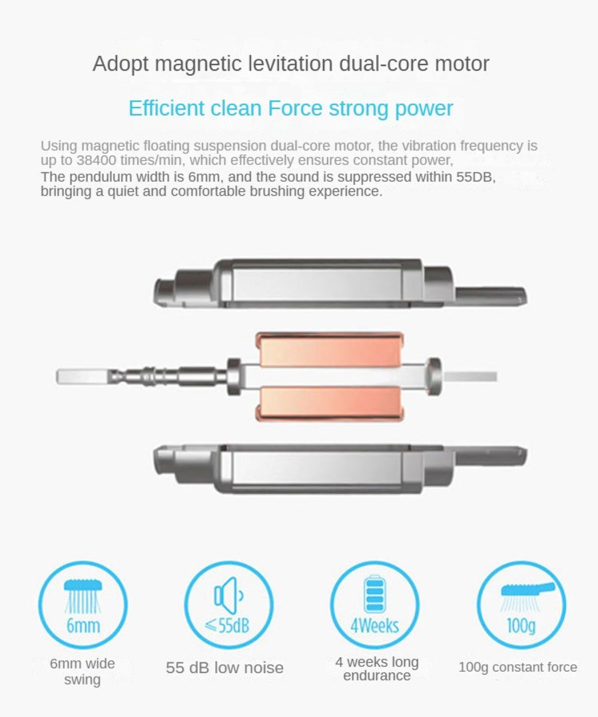 Diagramm, das einen Dual-Core-Motor mit Spezifikationen zeigt: 6 mm Hub, 55 dB Geräusch, 4 Wochen Ausdauer, 100 g Kraft. Textdetails.