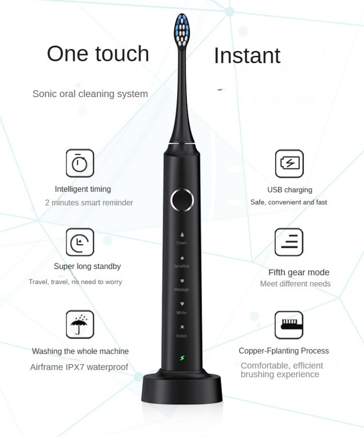 Eine schwarze elektrische Zahnbürste mit blauen Borsten wird angezeigt. Text beschreibt Funktionen: One-Touch, Instant, intelligente Zeitschaltung, USB-Aufladung und mehr.