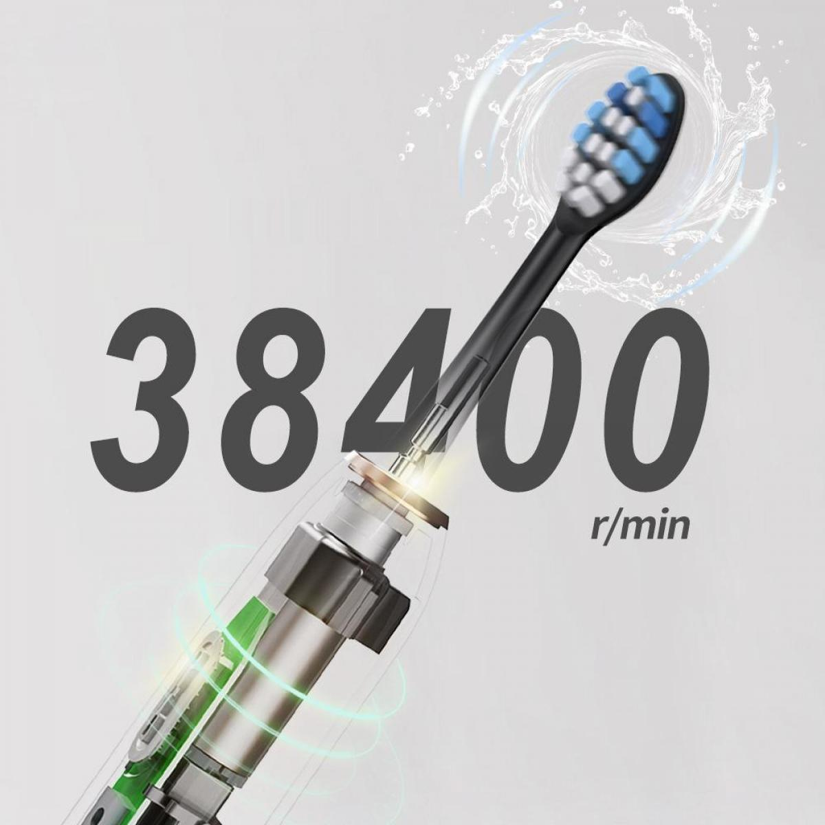 Eine elektrische Zahnbürste mit schwarzem Griff und blau/weißen Borsten. Die Zahl 38400 und r/min werden angezeigt.