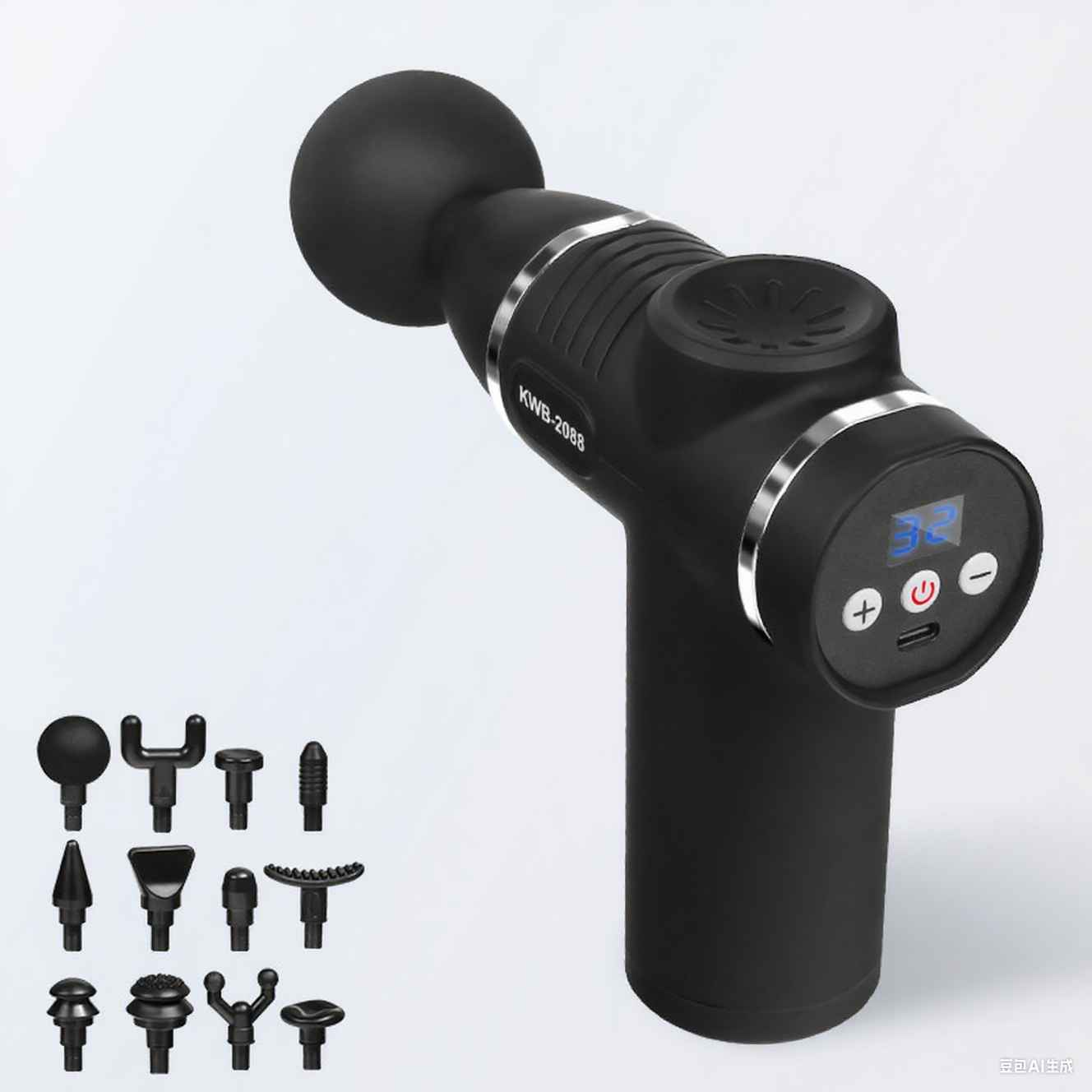 Schwarze Massagepistole mit Aufsätzen auf weißem Grund. Pistole hat Digitalanzeige und Knöpfe. Zubehör in verschiedenen Formen.