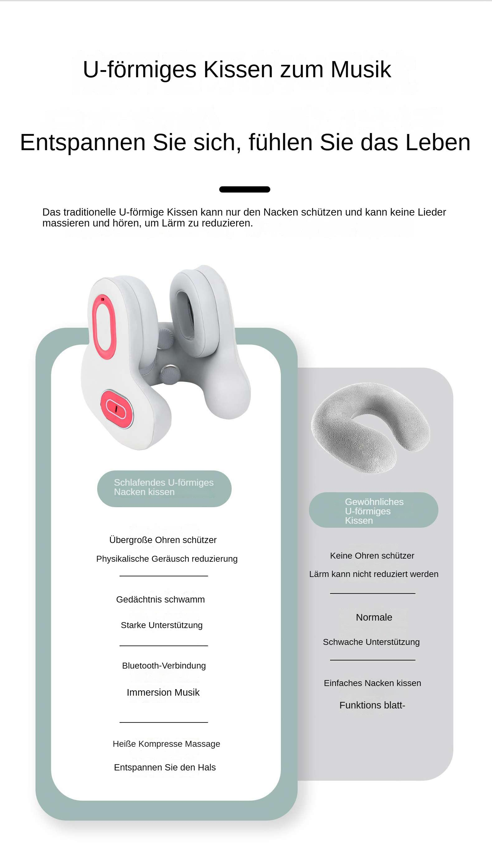 Das Bild zeigt ein weißes und graues Nackenkissen mit roten Akzenten. Der Text beschreibt Funktionen wie Geräuschreduzierung und Bluetooth.