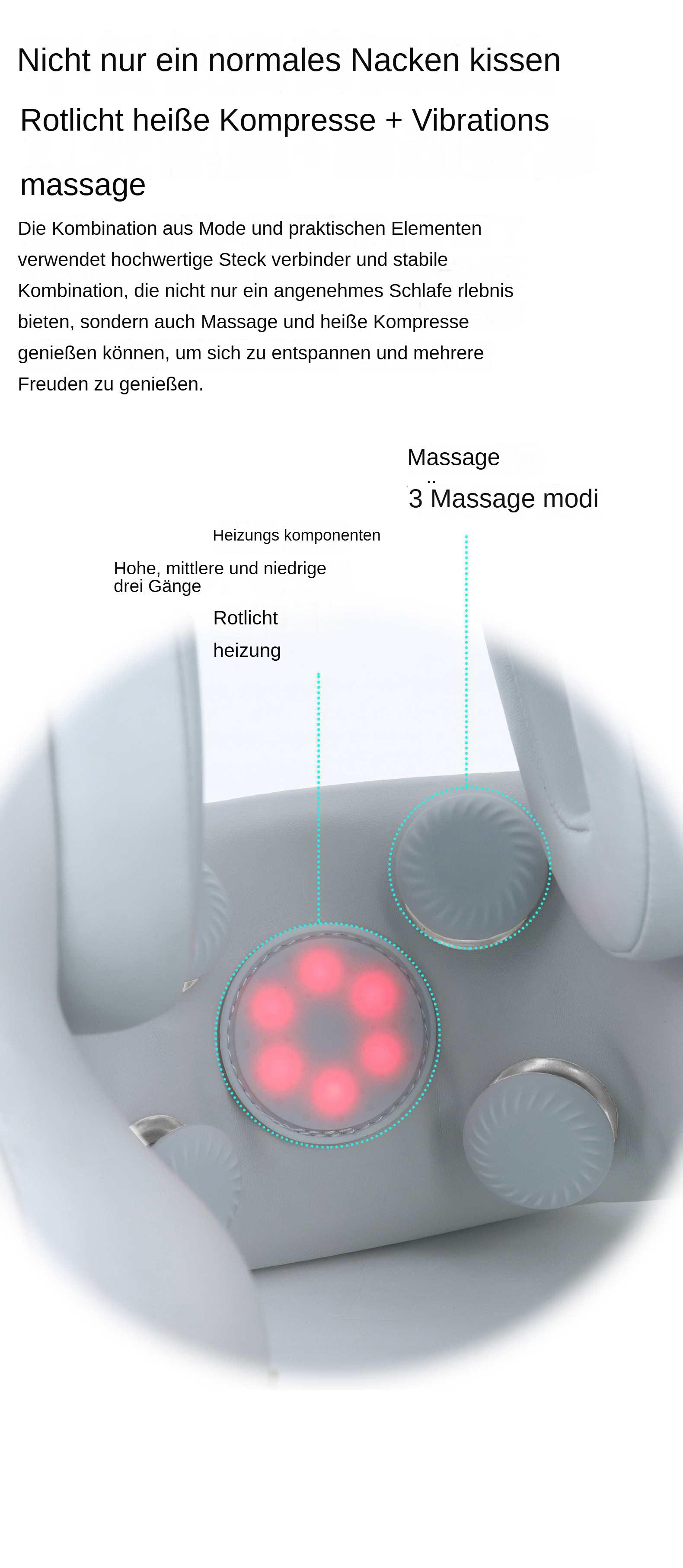 Nackenmassagegerät mit rotem Licht, Massagemodi und Heizkomponenten. Es hat ein weißes und graues Farbschema mit Text und Beschriftungen.